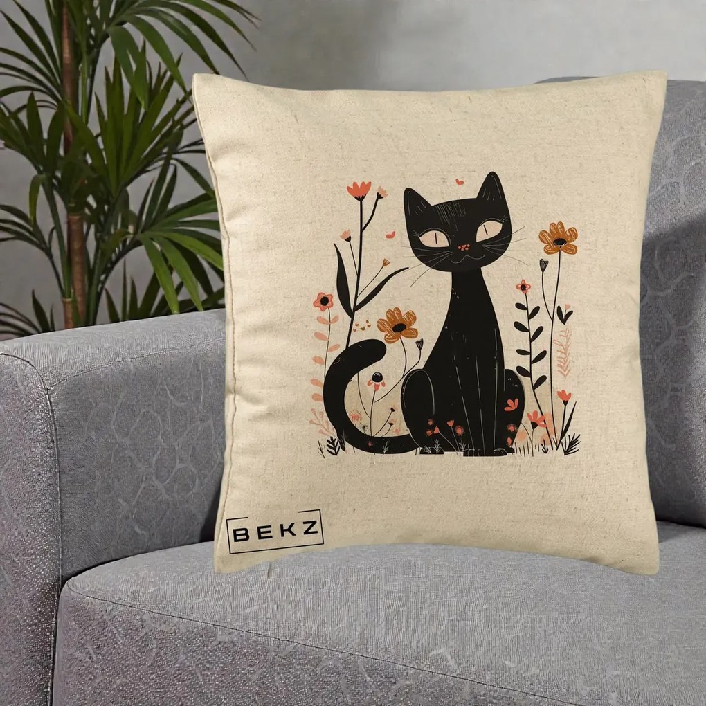 Perna Decorativa Pisica Neagra Flori Pastel Folk, 40x40 cm, Bej, Husa Detasabila, Perna Inclusa, BEKZ®