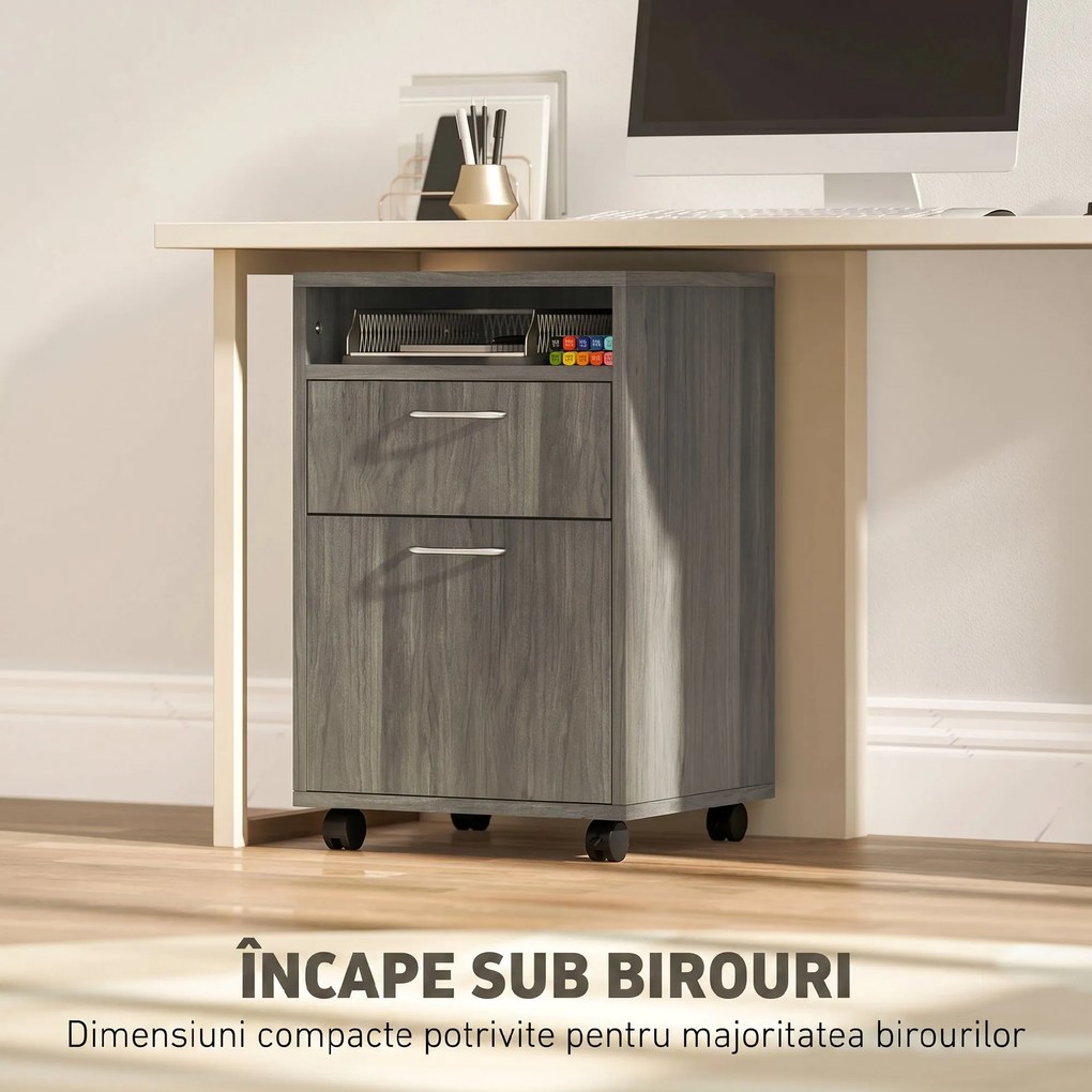 HOMCOM Dulap de Birou cu 4 Roți, Raft Deschis și 2 Sertare, Mobilier de Birou din Lemn și Metal, 40x35x60 cm, Maro | Aosom Romania