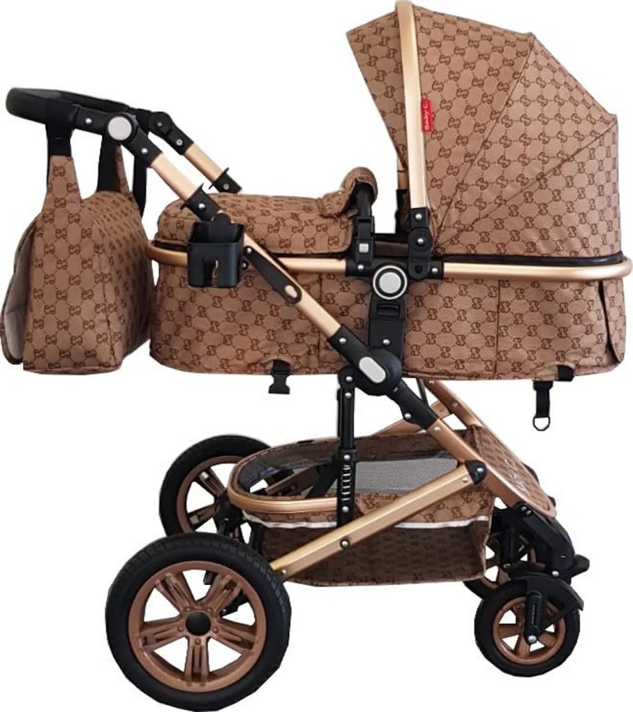 Carucior nou nascuti 3 in 1 Baby Care™ PRO 530 , Cu geanta bebe, Cadru Aluminiu Gold, Amortizoare, Roti din cauciuc plin AVE, Landou, Scoica auto,