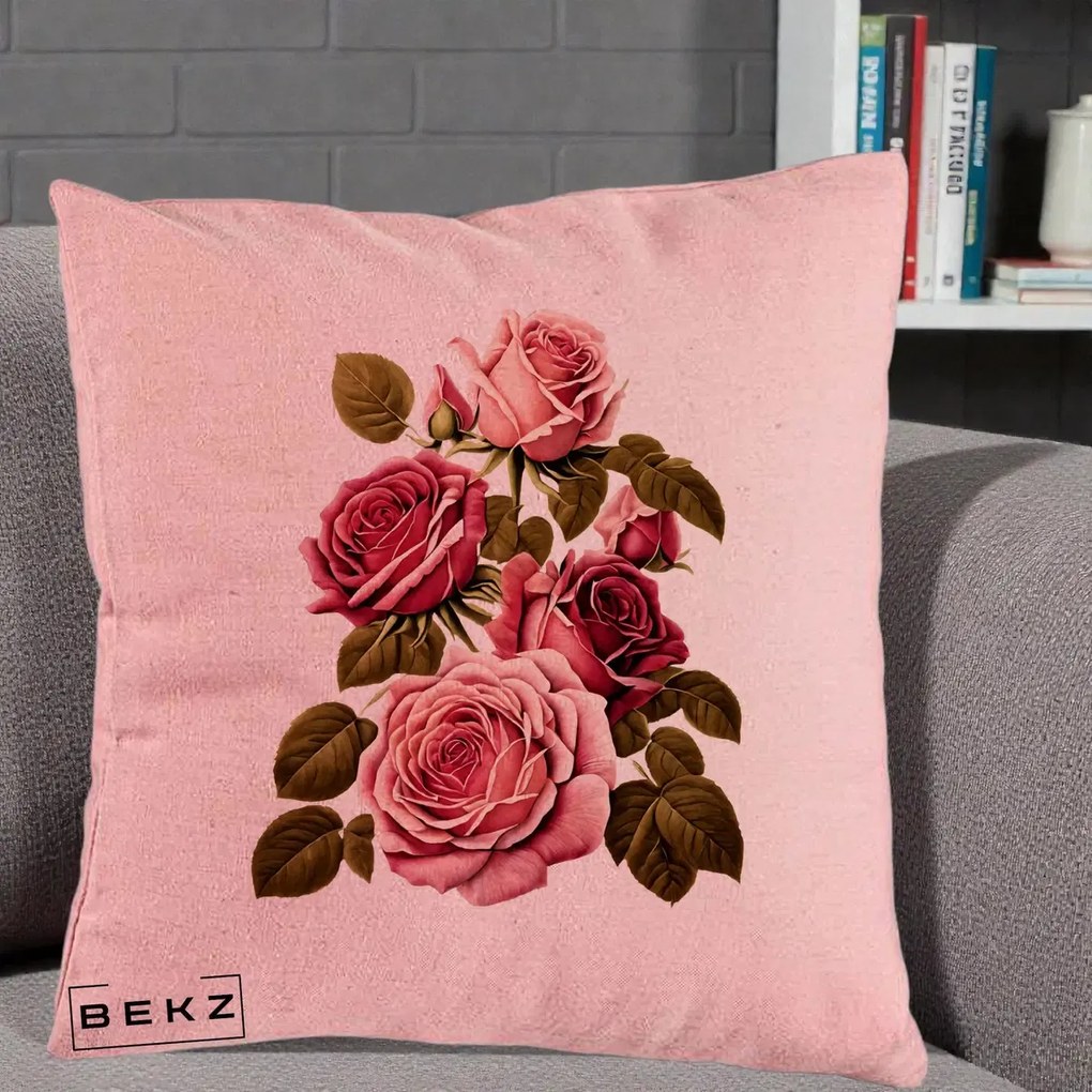 Perna Decorativa Trandafiri Vintage Roz-Rosii, 40x40 cm, Roz, Husa Detasabila, Perna Inclusa, BEKZ®