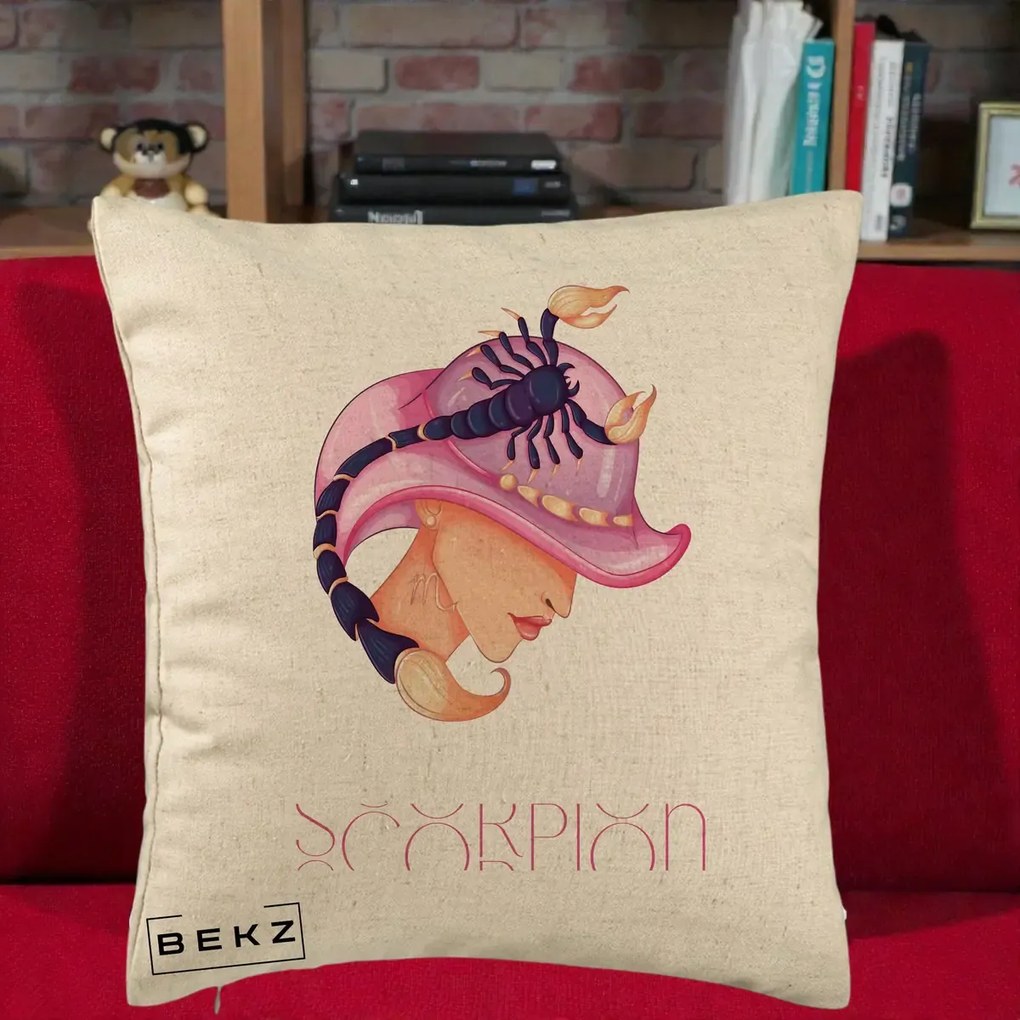 Perna Personalizata Zodiac Scorpion Cowgirl, 40x40 cm, Bej, Husa Detasabila, Perna Inclusa, BEKZ®