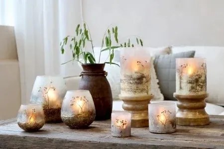 Suport pentru lumânare cu decor din flori uscate, H28 cm, "Antique Mocca"