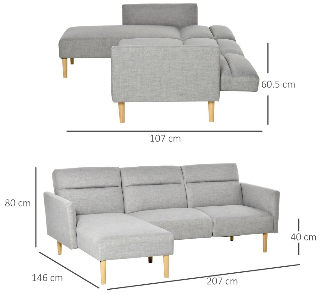 HOMCOM Canapea Extensibila cu 3 Locuri, Canapea pe Colt din Tesatura Gri cu Spatar Reglabil, Stil Scandinav, 207x146x80cm | Aosom Romania