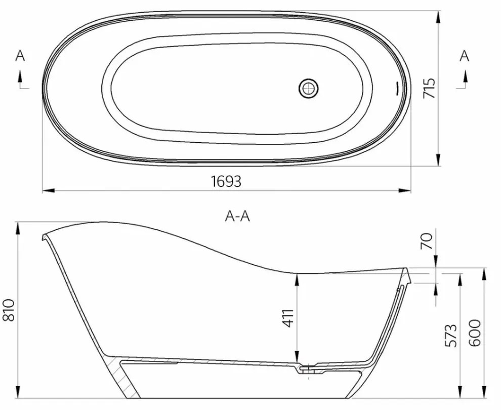 Cada baie freestanding ovala, compozit, 169 x 71 cm, Cast Marble Sorrento