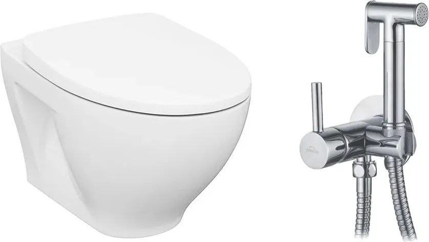 Pachet vas wc Cersanit Moduo, capac softclose si set dus igiena intima crom cu baterie incastrata Invena Bidetta crom