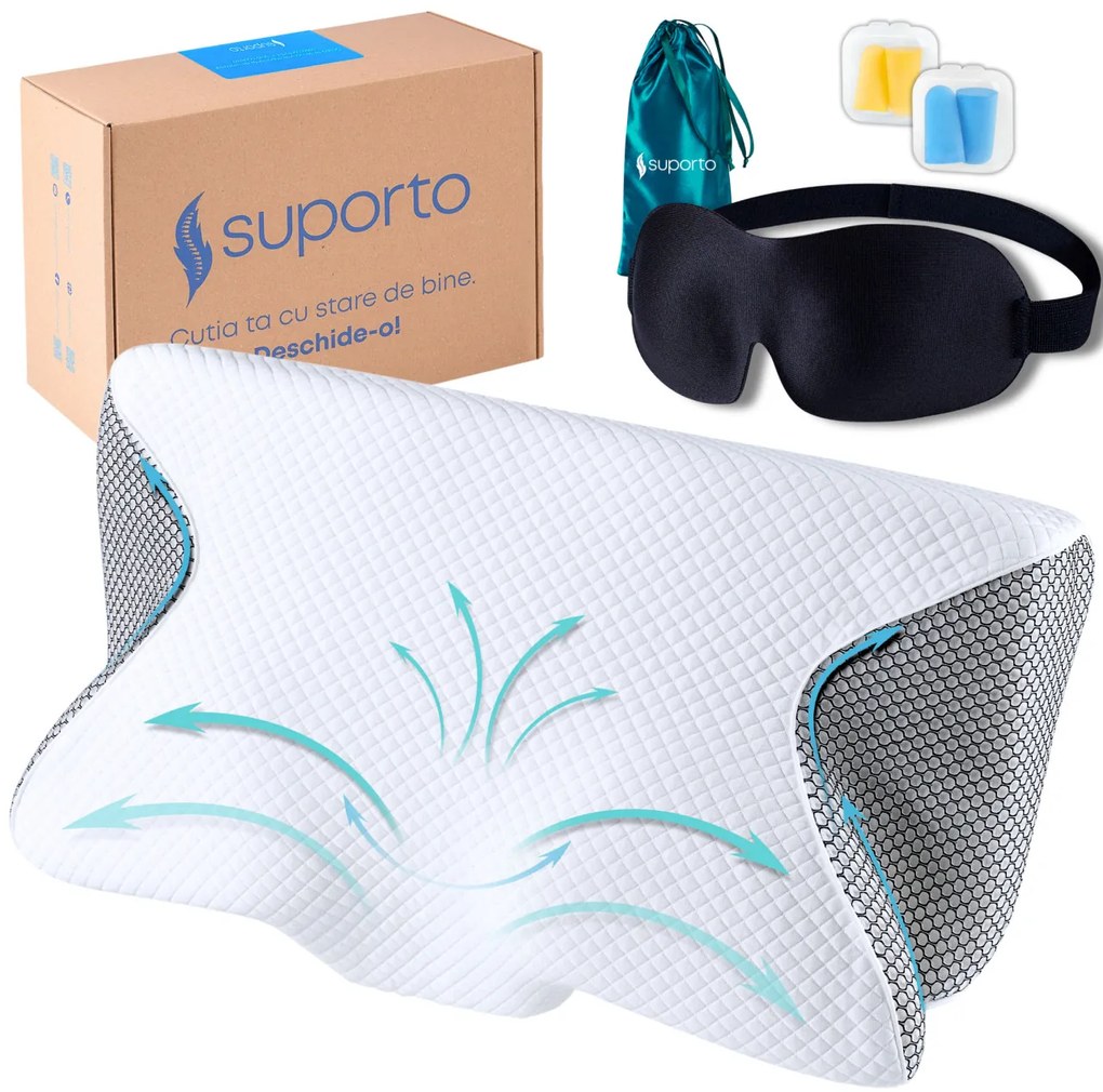 Set Perna Ortopedica Cervicala pentru dormit cu Extensii Negre + Masca de dormit Suporto 3D cu saculet Verde Smarald, pachet pentru ochi obositi si