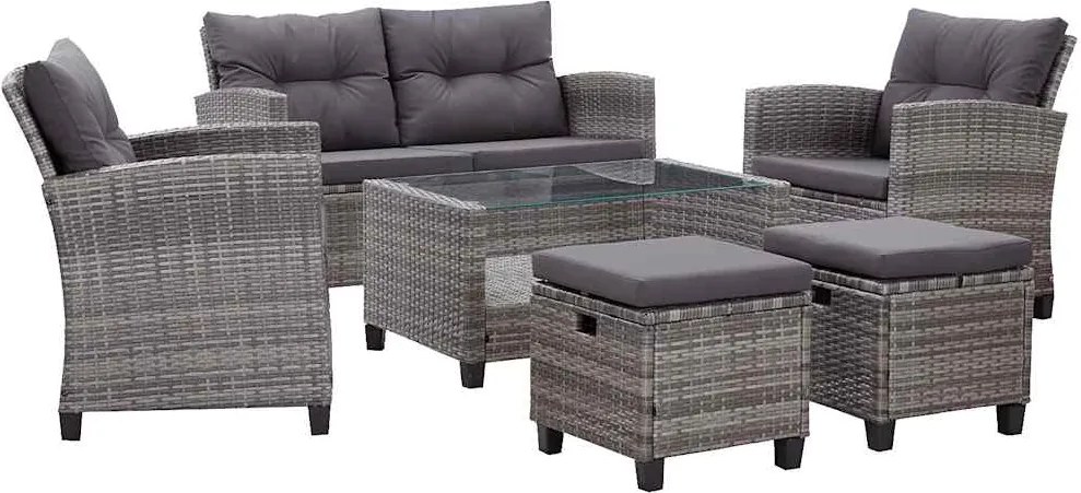 vidaXL Set mobilier grădină cu perne, 6 piese, gri închis, poliratan