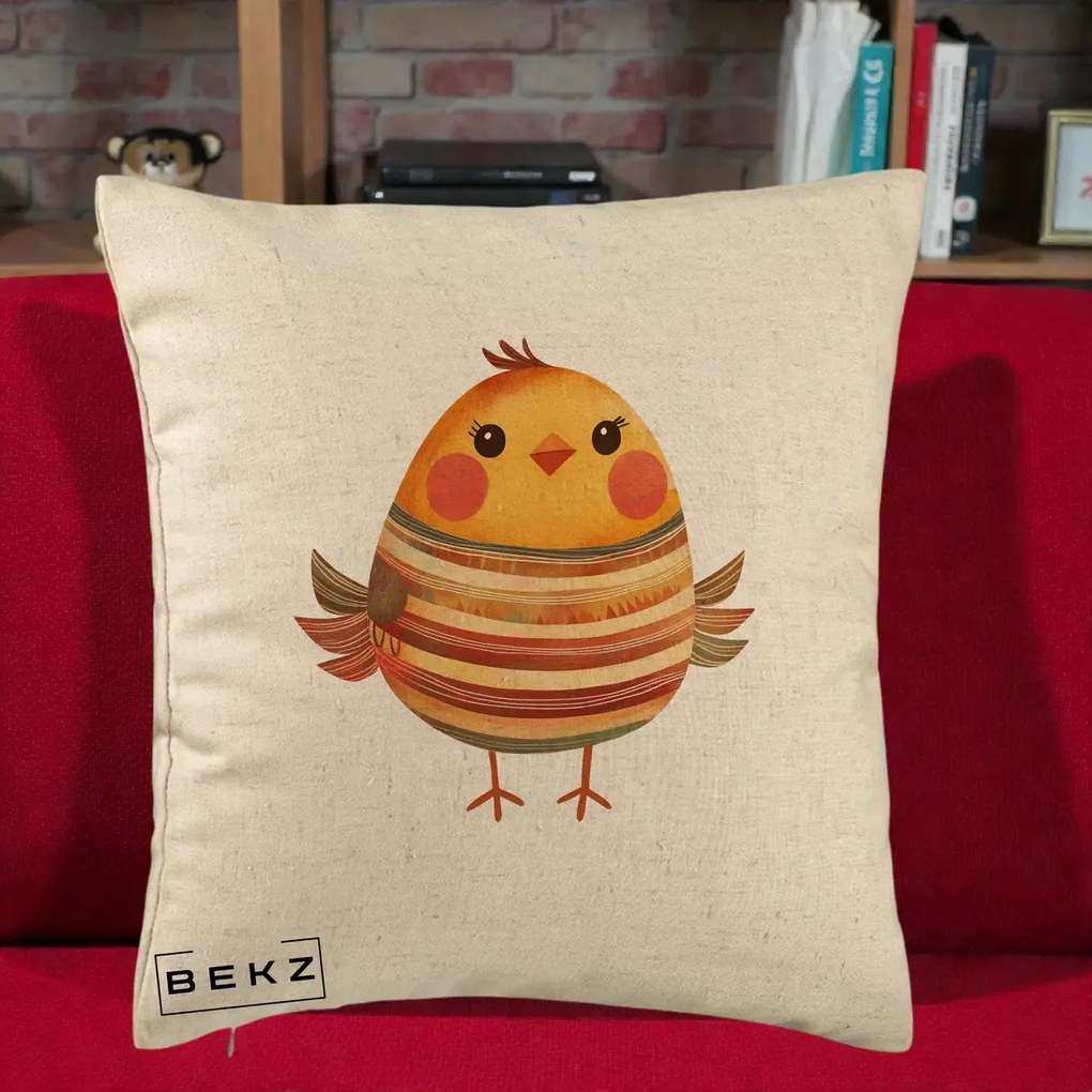 Perna Decorativa Pui Kawaii Portocaliu Dungi Calde, 40x40 cm, Bej, Husa Detasabila, Perna Inclusa, BEKZ®