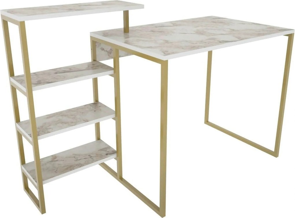 Birou RINO, alb cu efect de marmura/auriu, PAL melaminat/metal, 133x60