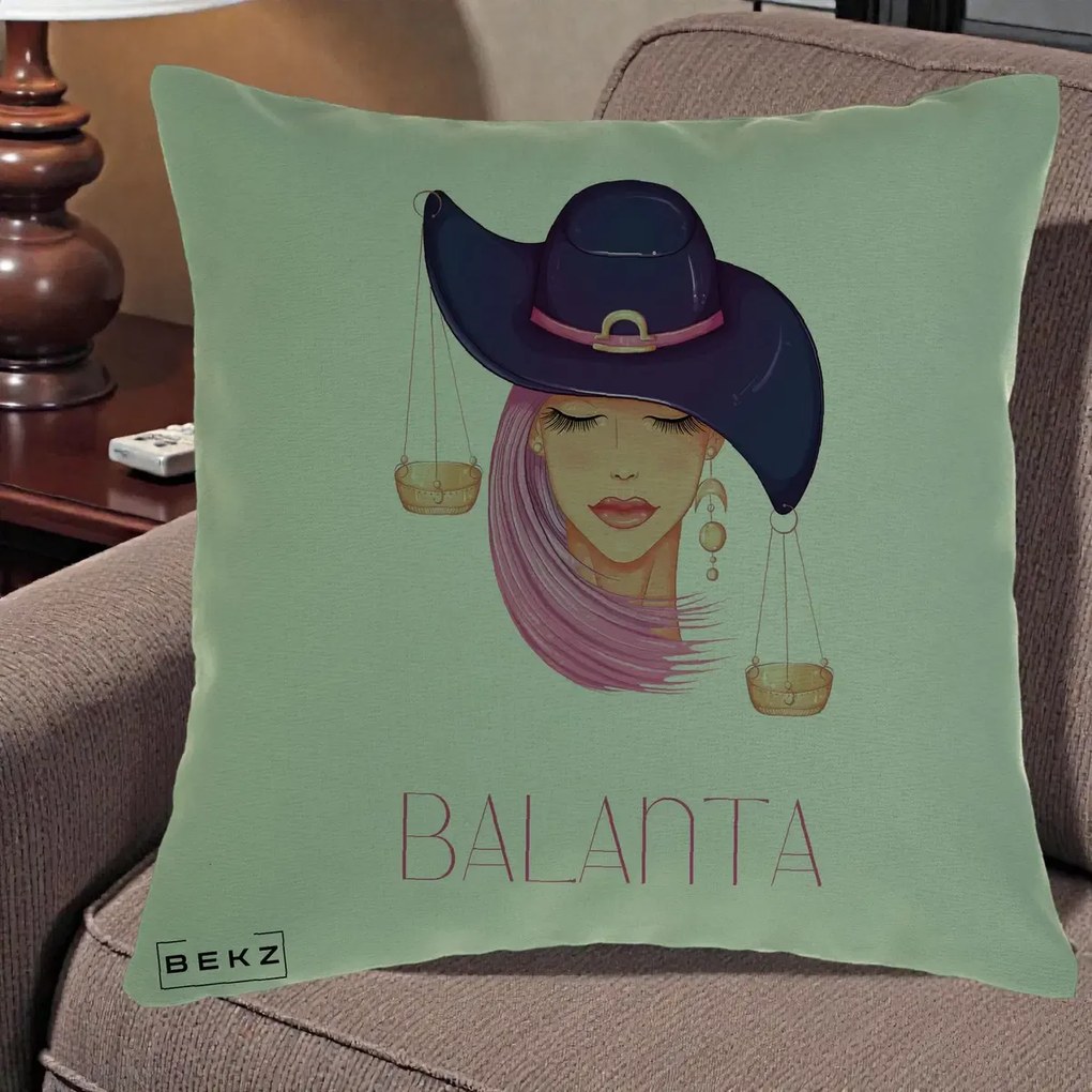 Perna Personalizata Zodiac Balanta Cowgirl, 40x40 cm, Verde, Husa Detasabila, Perna Inclusa, BEKZ®