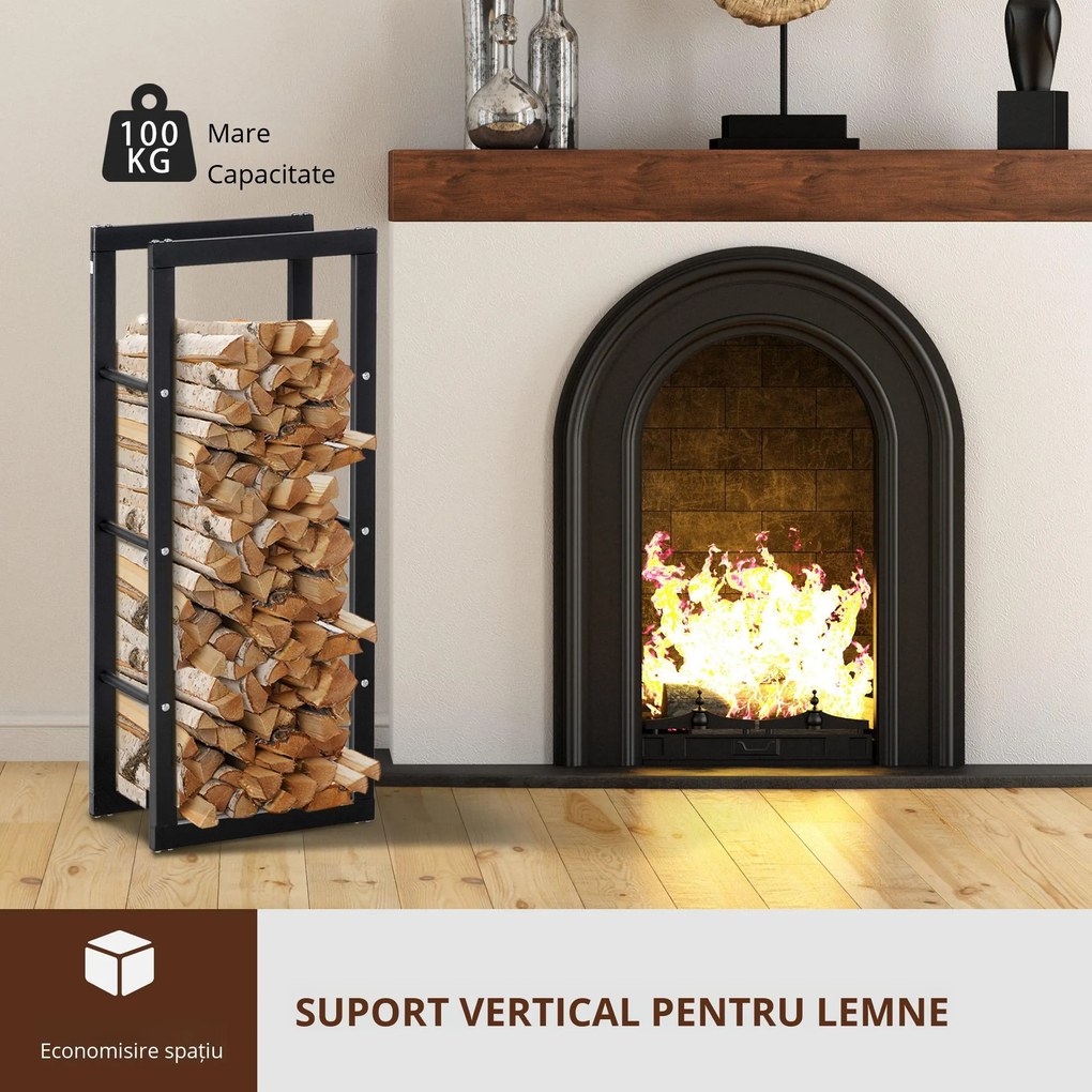 Raft pentru Lemne pentru interior/exterior, din fier, Negru, 40x25x100cm HOMCOM | Aosom Romania