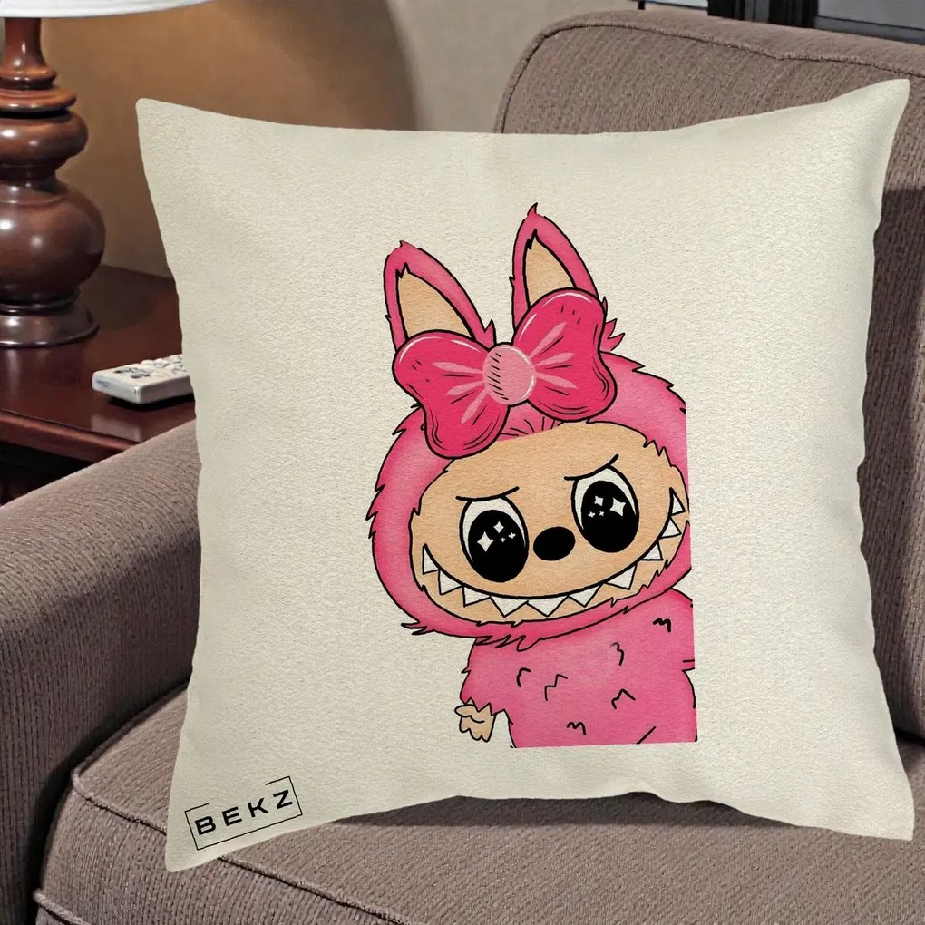 Perna Personalizata Labubu Roz cu Funda, 40x40 cm, Ecru, Husa Detasabila, Perna Inclusa, BEKZ®