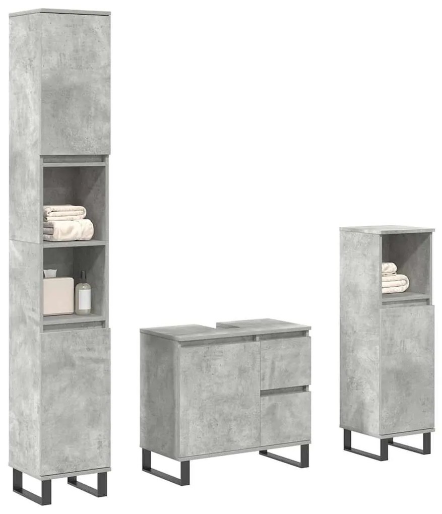 vidaXL Set mobilier de baie, 3 piese, gri beton, lemn compozit