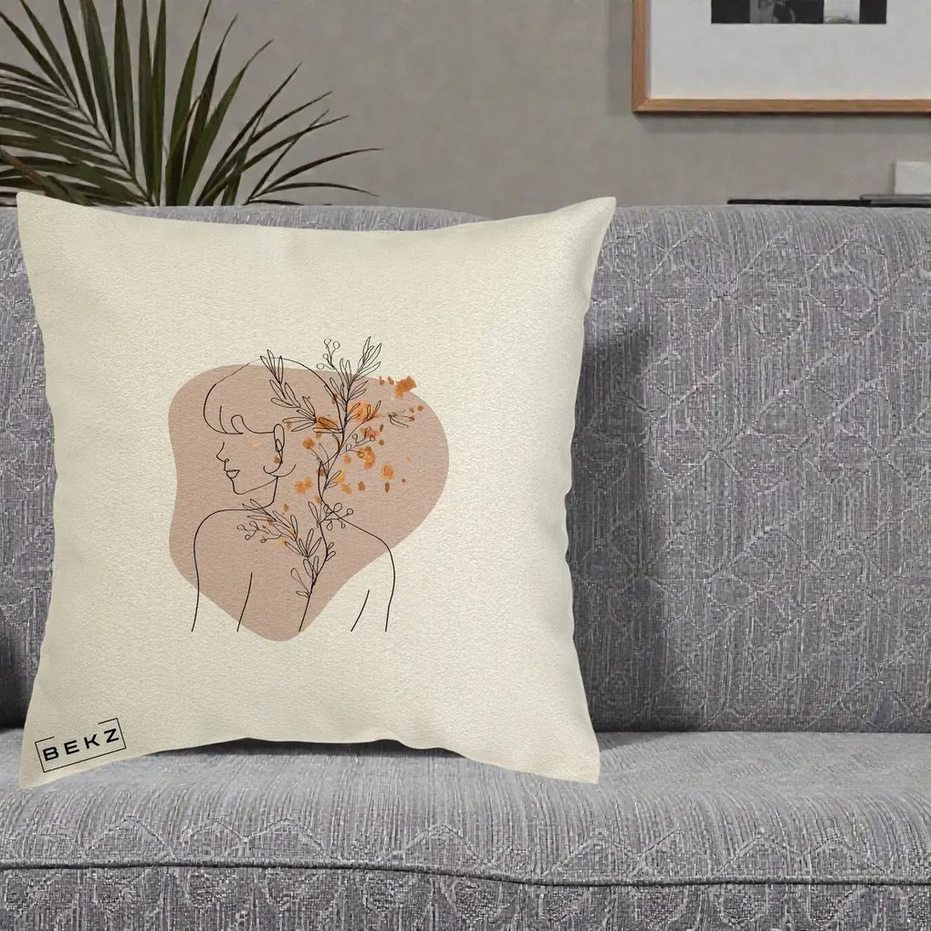 Perna Decorativa Femeie cu Flori Line Art Boho, 40x40 cm, Ecru, Husa Detasabila, Perna Inclusa, BEKZ®