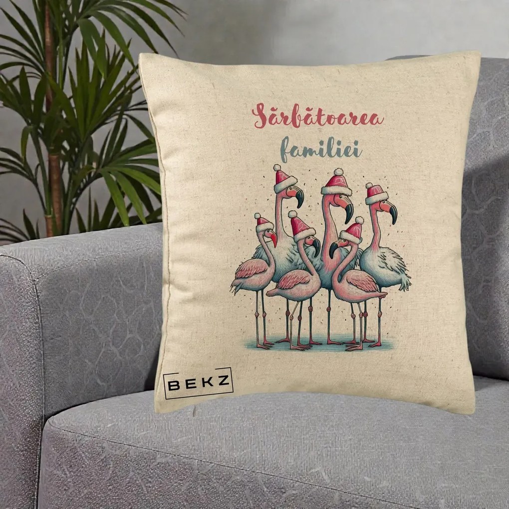 Perna Decorativa Flamingo Craciun Sarbatoarea Familiei, 40x40 cm, Bej, Husa Detasabila, Perna Inclusa, BEKZ®