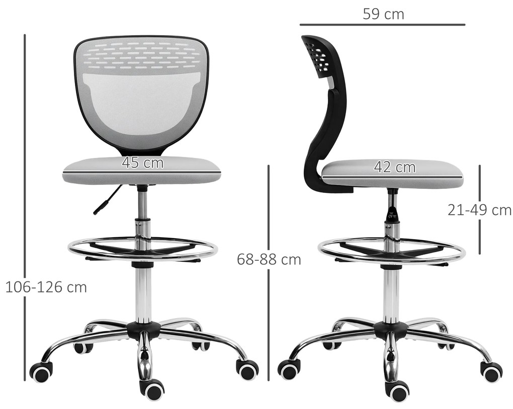 Vinsetto Scaun de birou ergonomic din plasă, scaun de desen, înălțime și picior de odihnă reglabil, 59 x 59 x 106-126 cm, gri | Aosom Romania