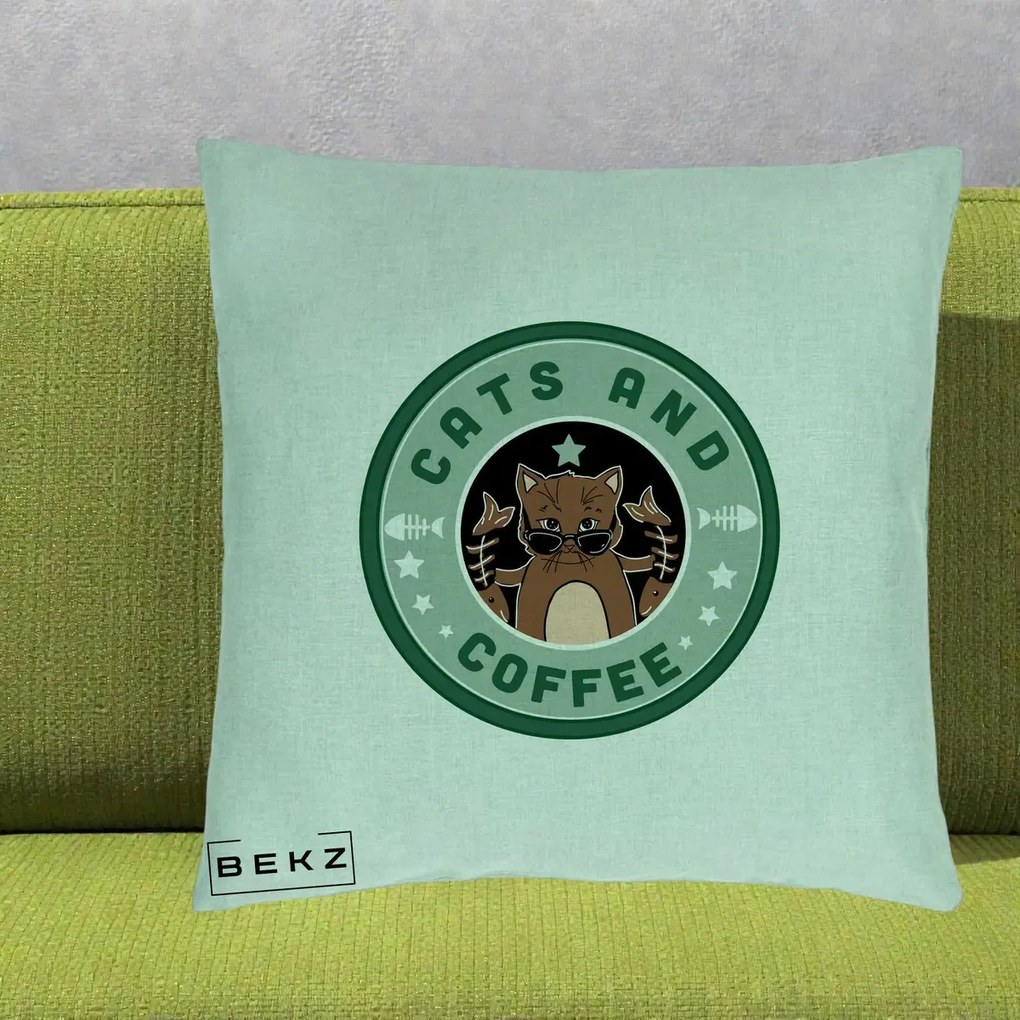 Perna Personalizata Cats and Coffee Starbucks, 40x40 cm, Verde Menta, Husa Detasabila, Perna Inclusa, BEKZ®