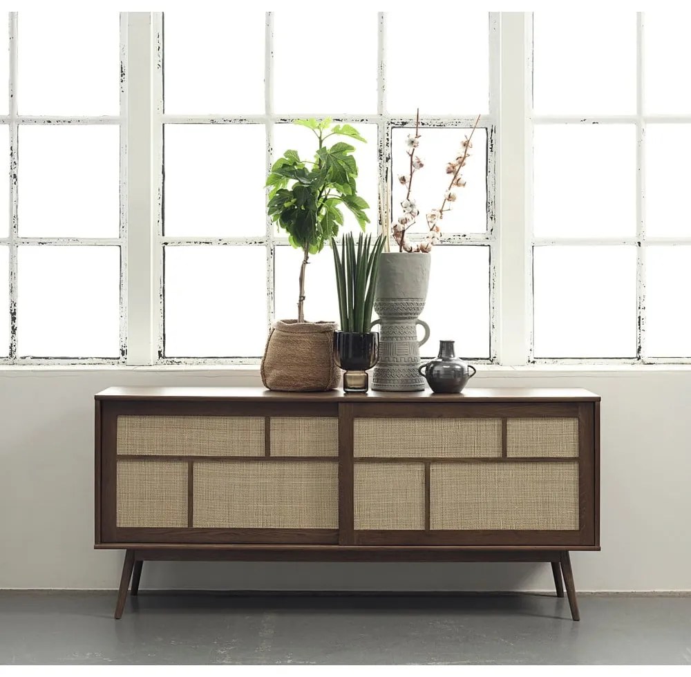 Comodă maro închis joasă cu aspect de lemn de stejar cu ușă glisantă 180x80 cm Barrali – Unique Furniture