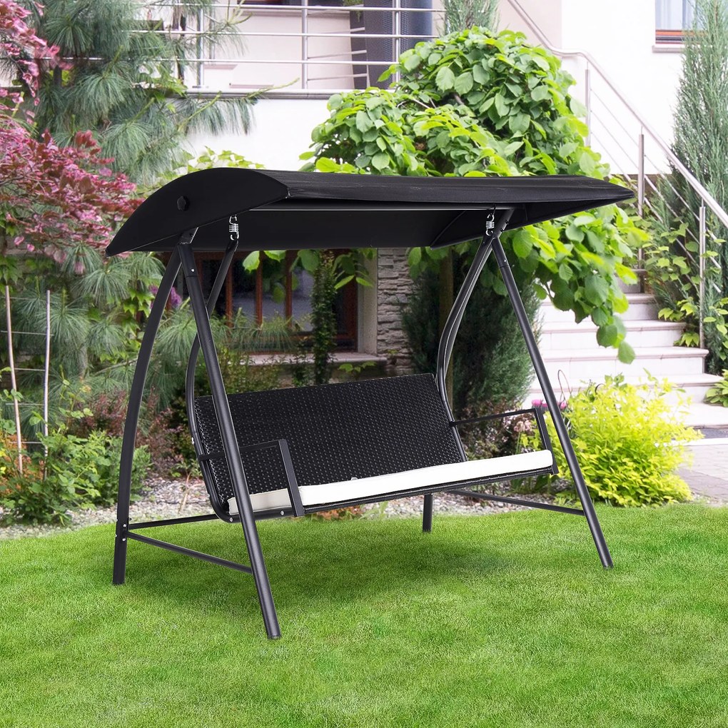 Outsunny Balansoar Hollywood 3 locuri din Polyrattan, balansoar de grădină cu copertină reglabilă, protecție solară, pernă de șezut, bancă suspendată, până la 360 kg, balansoar pentru grădină 198x124x179cm Negru | Aosom Romania