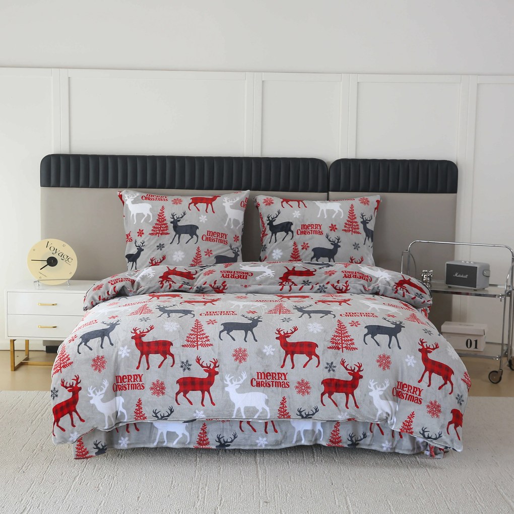 Set Lenjerie cocolino MERRY CHRISTMAS DEER gri + Cearsaf Cocolino microplus cu elastic SOFT 180x200 cm alb, pat dublu