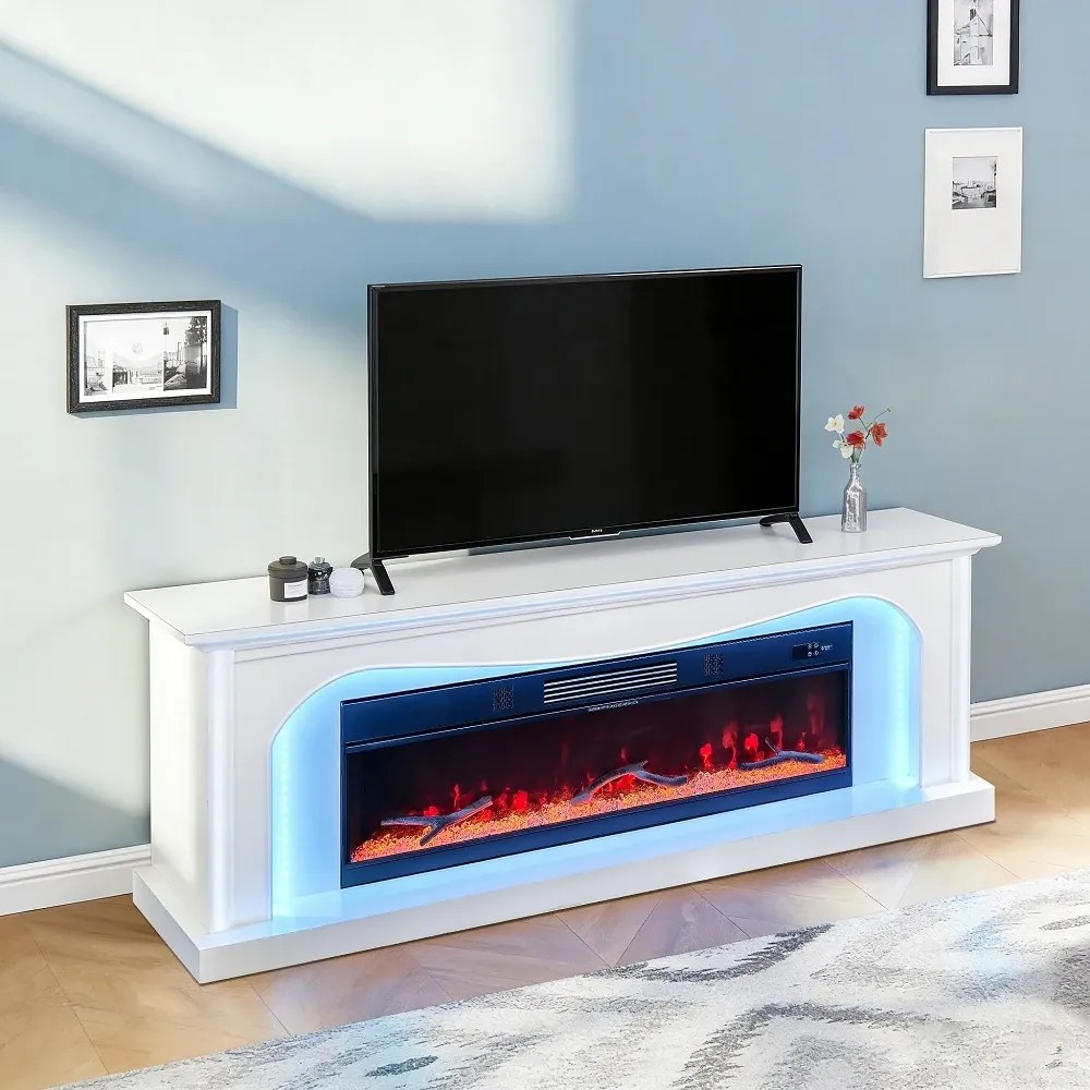 Șemineu Electric cu Flacără LED în 7 Culori, Comodă TV, Încălzire, Bluetooth, Difuzoare Integrate, Iluminare LED Ambientală, Telecomandă, MDF, Finisaj Alb Oglindă