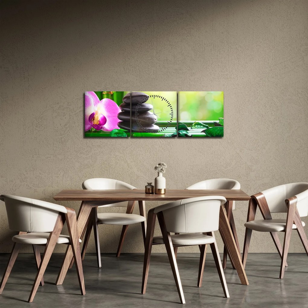 Tablou cu pietre pentru masaj și orhidee (cu ceas) (90x30 cm)