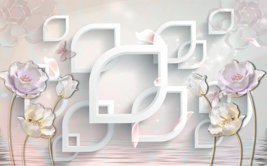 Tapet Premium Canvas - Flori abstracte alb si roz