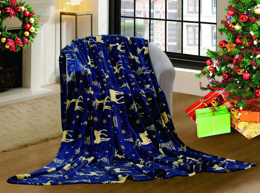 Patura din microplus de Craciun albastru inchis GOLDEN DEER Dimensiune: 200 x 220 cm