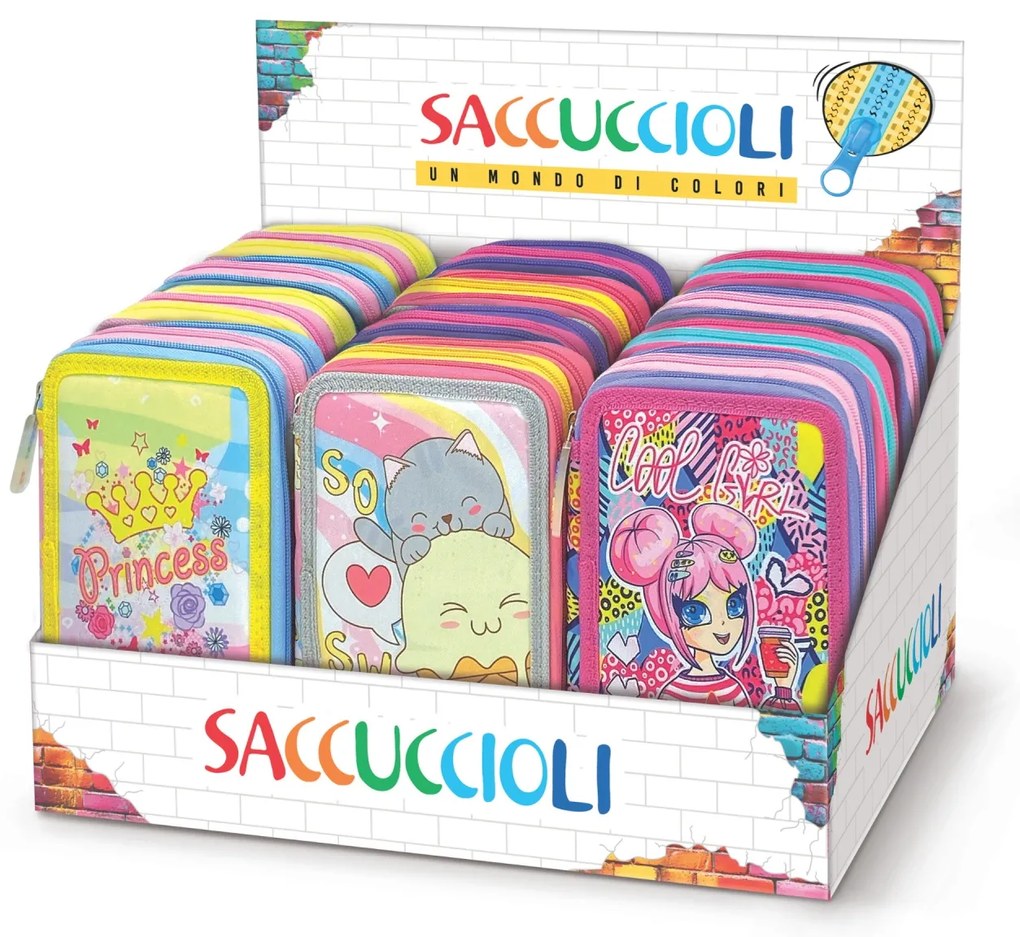 Penar echipat - Colectia pentru fete cu 3 fermoare (18 markere si 18 creioane colorate) - 13 x 20 x 6.5 cm (12buc/display)