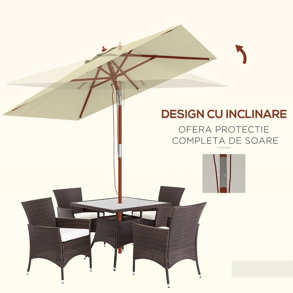 Outsunny Umbrelă de Grădină Înclinabilă cu Sistem cu Șnur și Orificiu de Ventilație, 200x150x235 cm, Bej | Aosom Romania