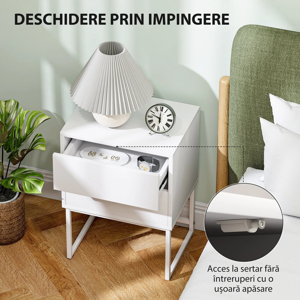 HOMCOM Noptieră Modernă cu 2 Sertare cu Deschidere prin Apăsare 40x30x50cm Alb | Aosom Romania