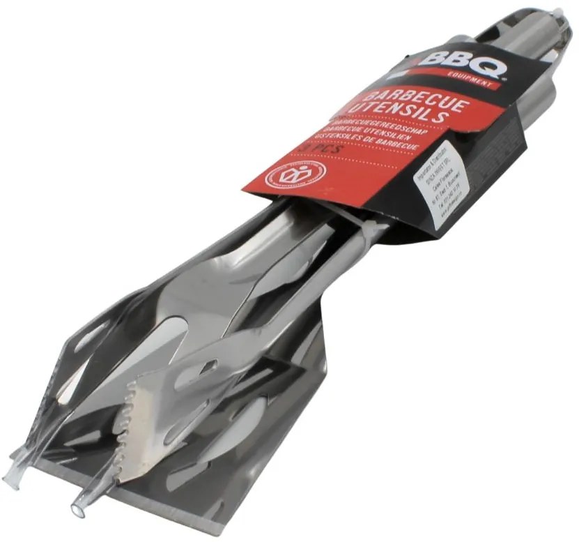 Set 3 ustensile pentru grătar – inox, 35 cm: spatulă, furculiță și clește