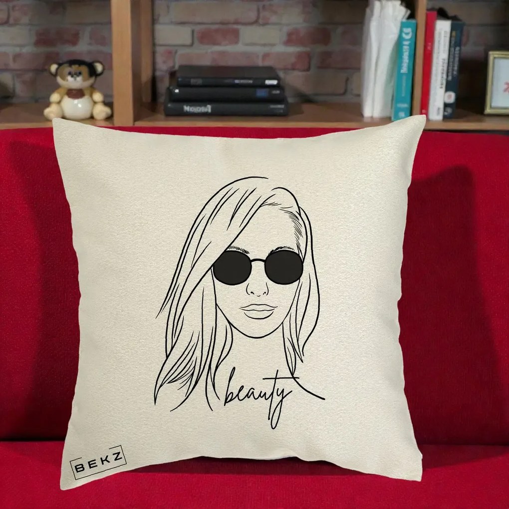 Perna Decorativa Beauty Girl Line Art, 40x40 cm, Ecru, Husa Detasabila, Perna Inclusa, BEKZ®