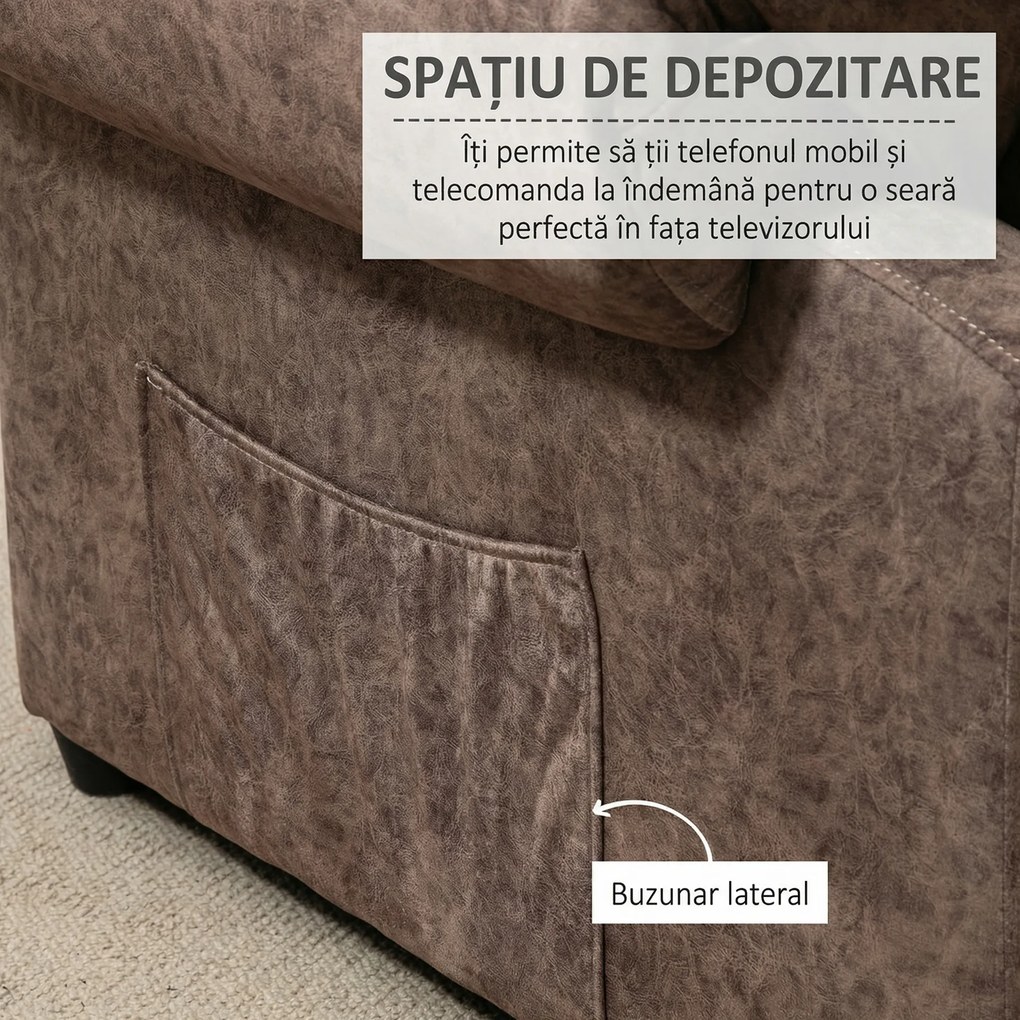 HOMCOM Fotoliu Relax Inclinabil Manual din Material textil, Fotoliu reclinabil cu Suport pentru Picioare Extensibila si Buzunar Lateral, Maro