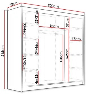 Dulap de haine cu uși culisante Fozzurt VII 200 (Alb + Negru + auriu) . Promo -16%. 1105710