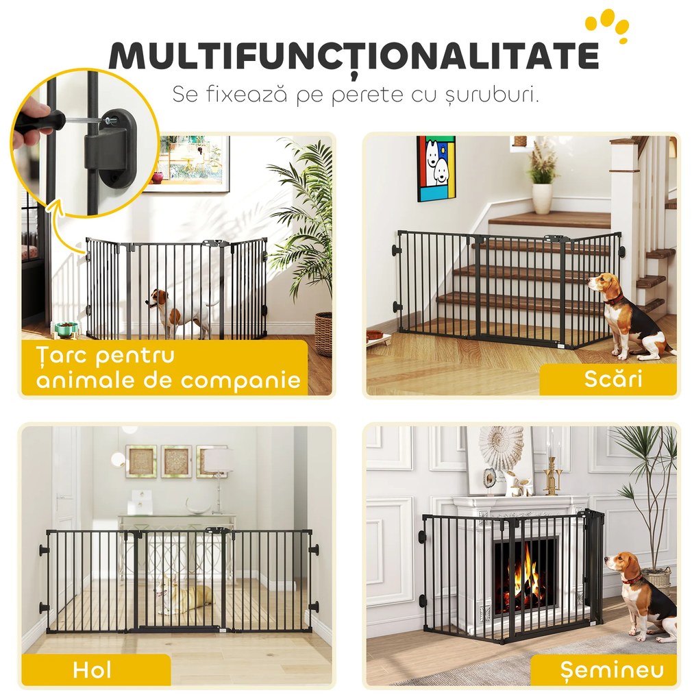 PawHut Poartă de Siguranță Pliabilă Oțel Închidere/Blocare Automată 202.5x2x76 cm Neagră Ușor de Folosit | Aosom Romania