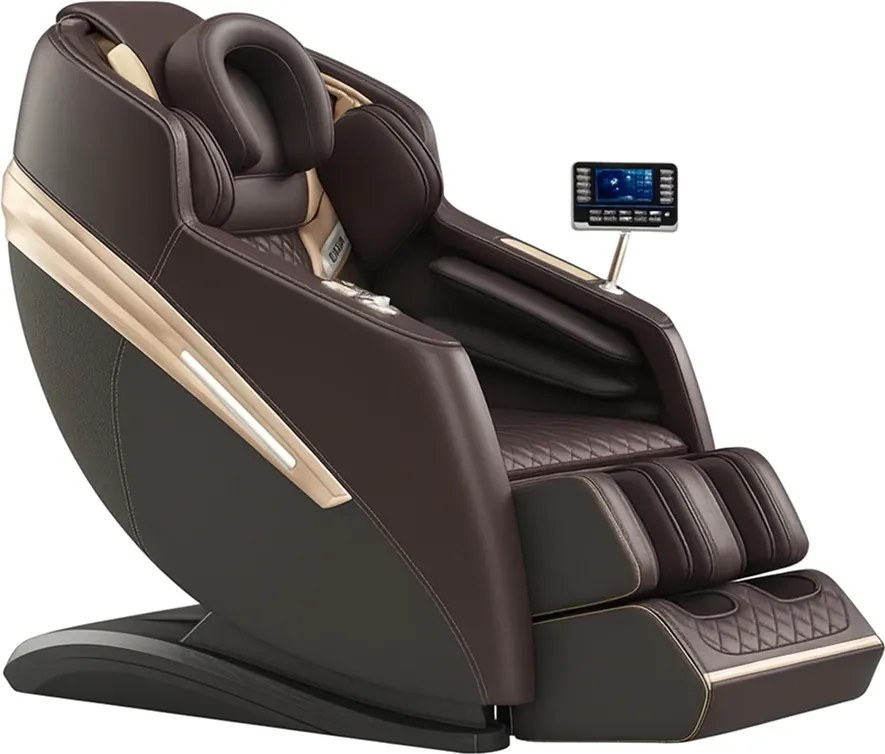 Fotoliu de masaj QUITUS, cu Incalzire, Bluetooth, Display, Ecran tactil, Zero Gravity, 2 Boxe, Moduri Automate, Suport Picioare extensibil, Piele Ecologica Premium, Maro