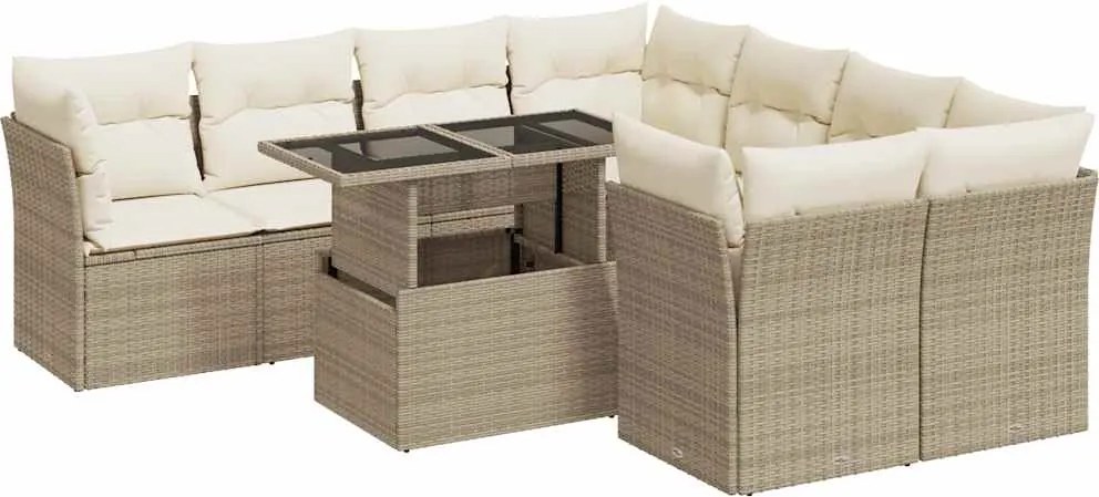 vidaXL Set canapele de grădină, 9 piese, cu perne, bej, poliratan