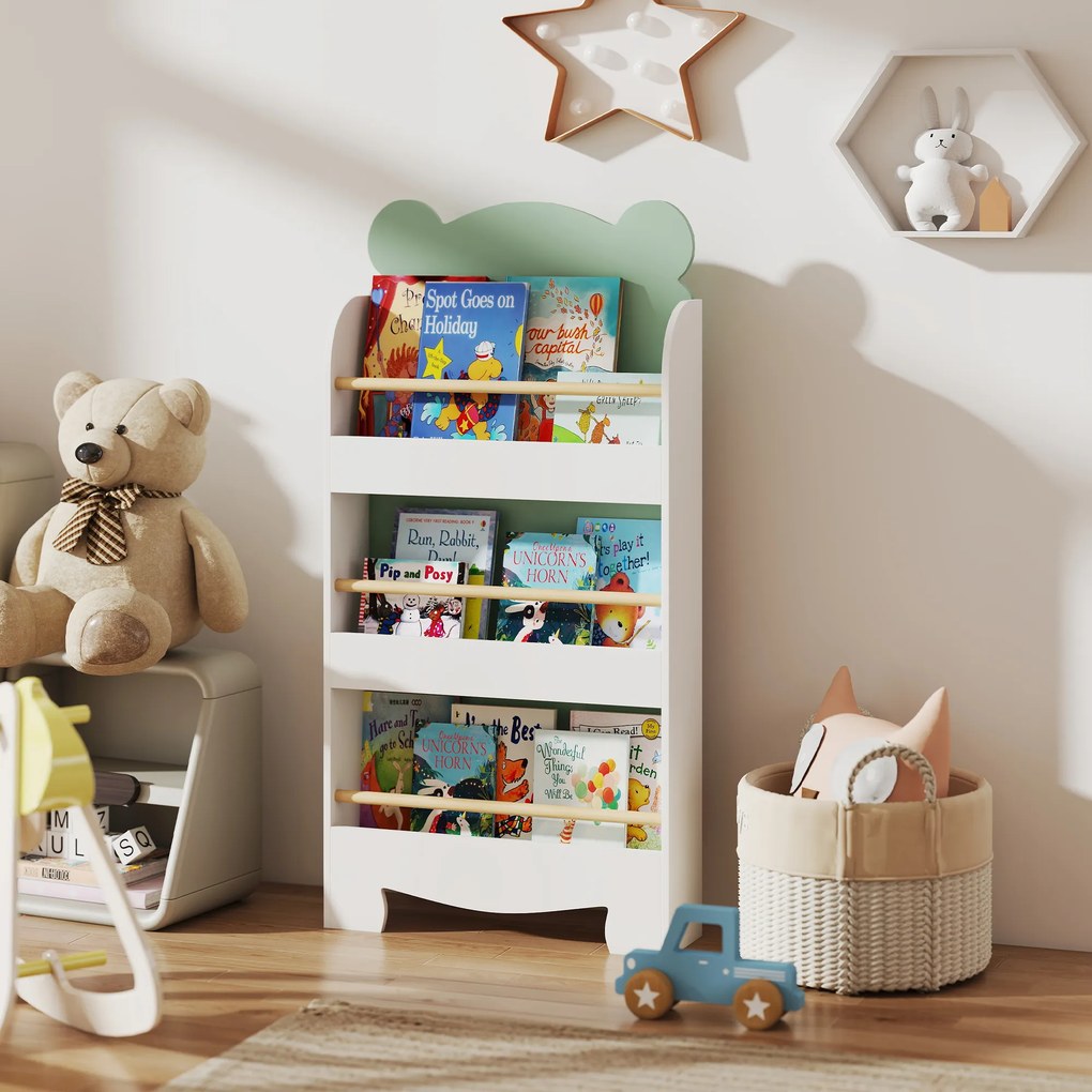 AIYAPLAY Bibliotecă Copii 3 Rafturi în Formă de Ursuleț 55x15x110 cm, Verde | Aosom Romania