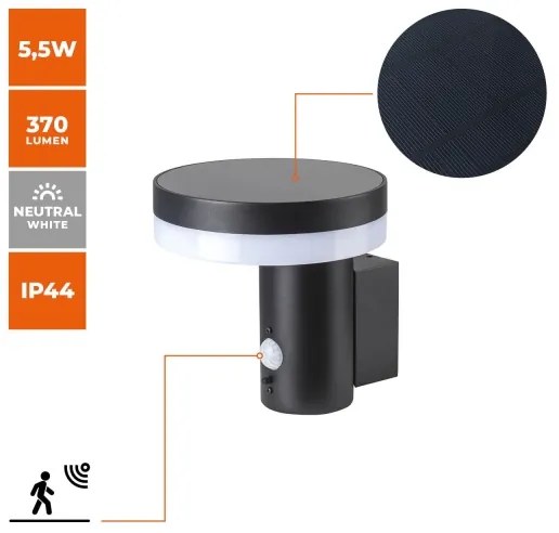 Aplică LED solară cu senzor SOLARIS3 LED/5,5W/3,7V 4000K IP44