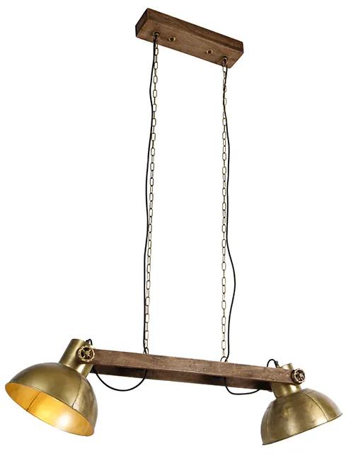 Lampă suspendată industrială cu 2 lumini de aur din lemn - Mango