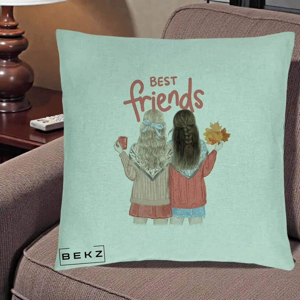 Cadou pentru Prieteni - Perna Personalizata Best Friends Toamna, 40x40 cm, Verde Menta, Husa Detasabila, Perna Inclusa, BEKZ®