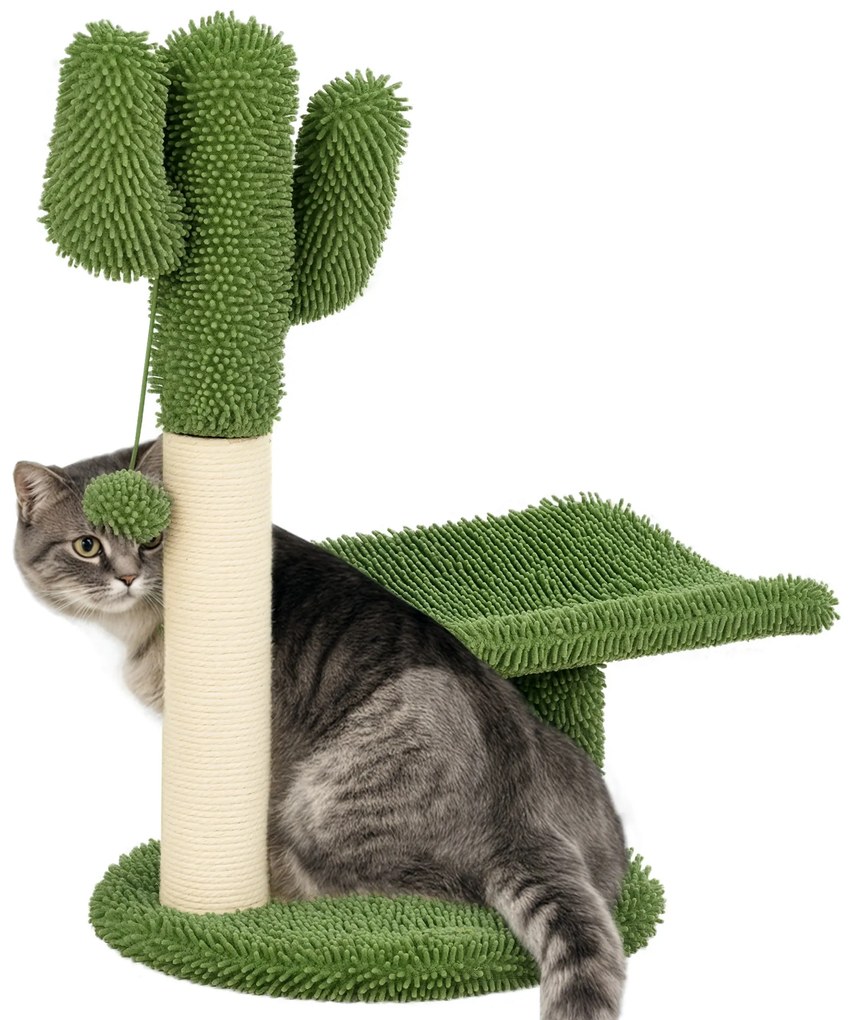 Copac de 55,5cm in Forma de Cactus pentru Pisici de Interior, Turn pentru Pisici cu Stalpi de Zgariat, Pat, Minge, Verde PawHut | Aosom Romania