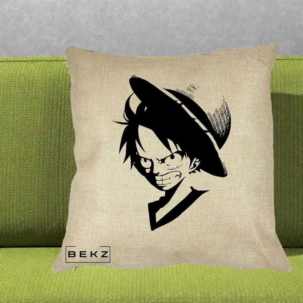 Perna Personalizata One Piece Luffy Silueta Alb-Negru, 40x40 cm, Crem, Husa Detasabila, Perna Inclusa, BEKZ®