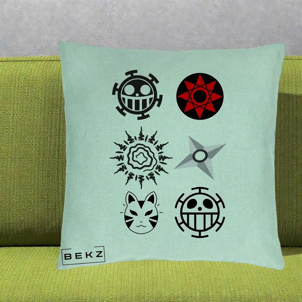 Perna Personalizata Simboluri Anime Mix - Naruto One Piece, 40x40 cm, Verde Menta, Husa Detasabila, Perna Inclusa, BEKZ®
