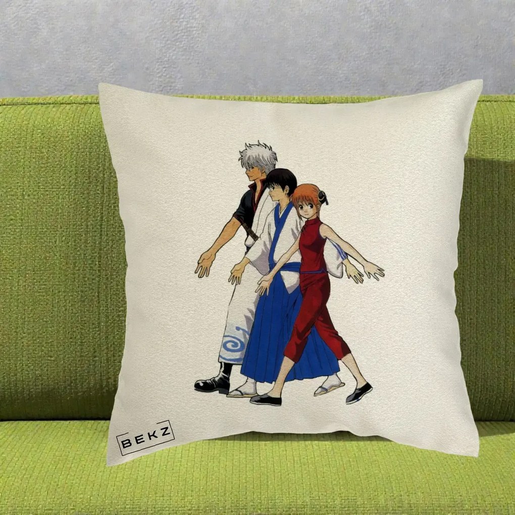 Perna Personalizata Gintama Trio Gintoki Shinpachi Kagura, 40x40 cm, Ecru, Husa Detasabila, Perna Inclusa, BEKZ®