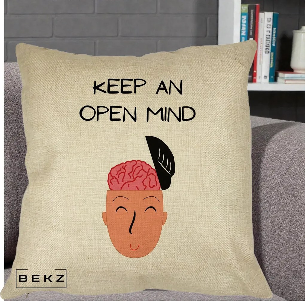 Perna Decorativa Keep An Open Mind, 40x40 cm, Crem, Husa Detasabila, Perna Inclusa, BEKZ®