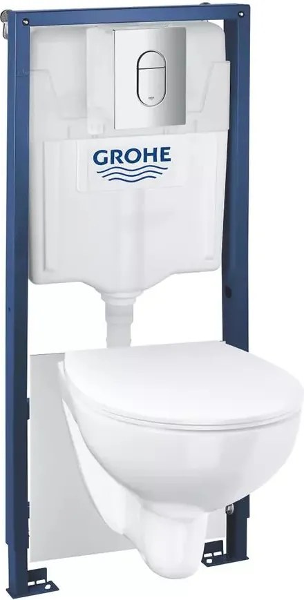 Set vas WC suspendat Grohe Solido 5 in 1 rezervor incastrat cu clapeta crom Arena si capac Bau Ceramic