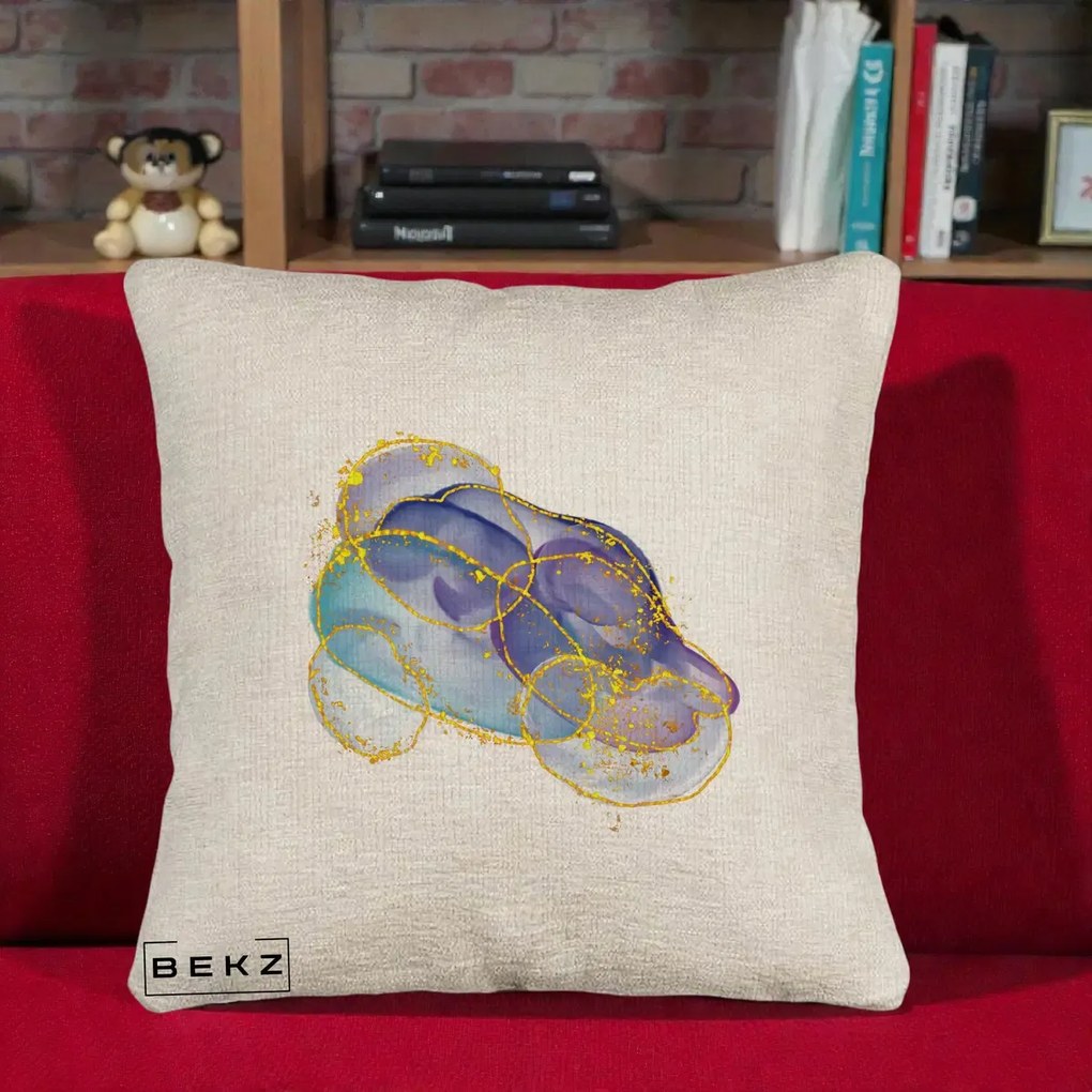 Perna Decorativa Abstract Acuarela Albastru-Mov cu Cercuri Aurii, 40x40 cm, Bej Canapea, Husa Detasabila, Perna Inclusa, BEKZ®
