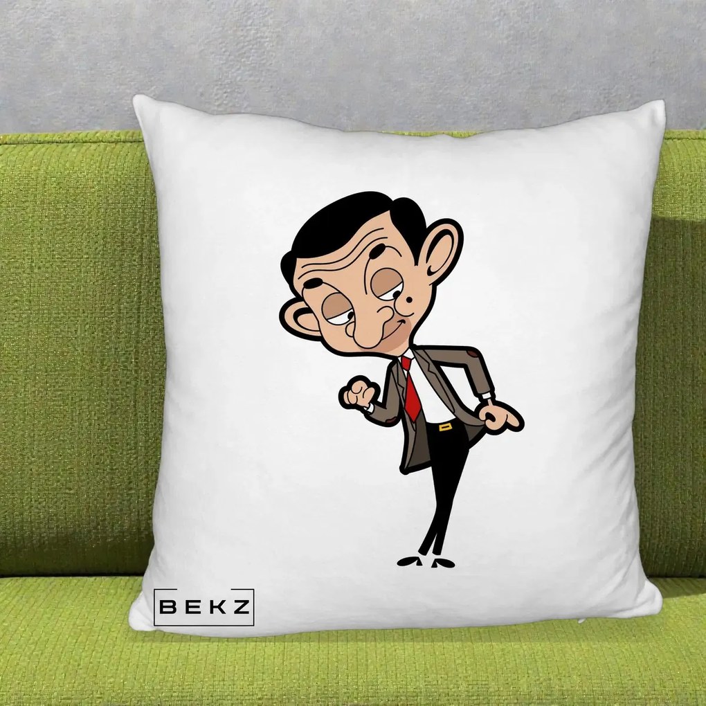 Perna Personalizata Mr. Bean Caricatura, 40x40 cm, Alb Pufos, Husa Detasabila, Perna Inclusa, BEKZ®
